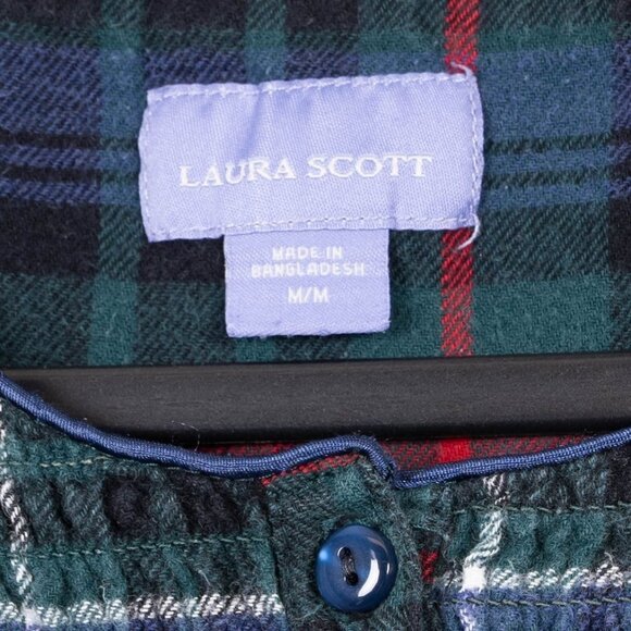 Laura Scott Plaid Nightgown M Womens Green Blue Ruffle Flannel Cotton Buttons - Picture 6 of 7